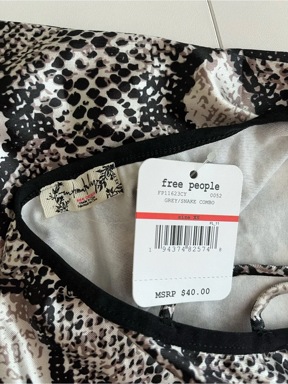Free People Bodysuit — Black & Cream & Grey Snake Print Strapy Back XS